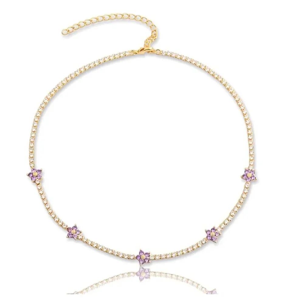 Light purple flower sparkly cubic zirconia tennis necklace